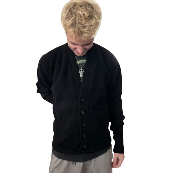 Vintage Dehen 1920 Slouchy Varsity wool cardigan V neck black size small - Picture 11 of 13